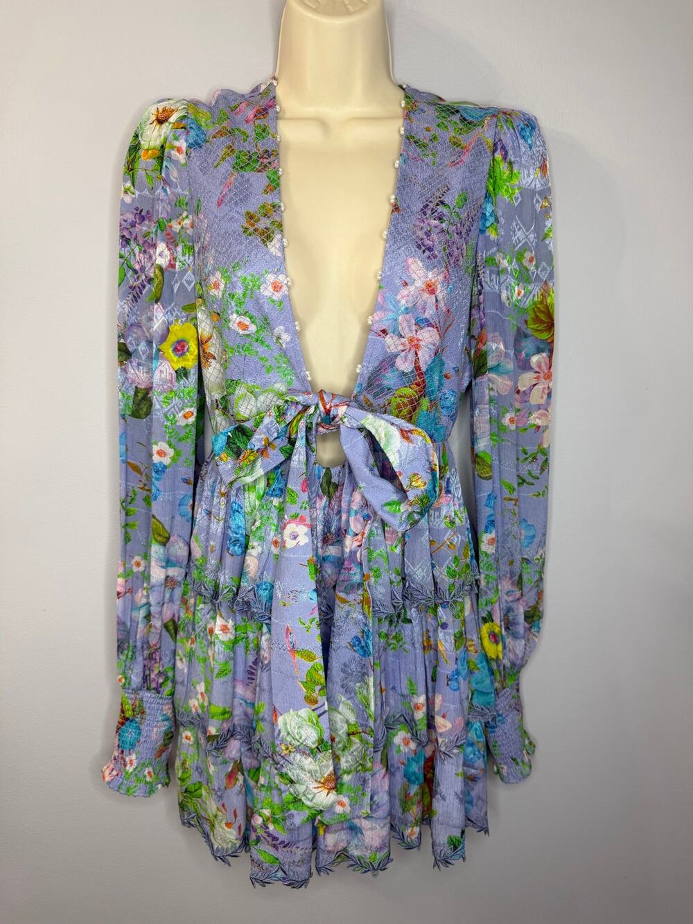 Hemant & Nandita Laya Tiered Deep V Neck Mini Dress Floral Lavender Sz S